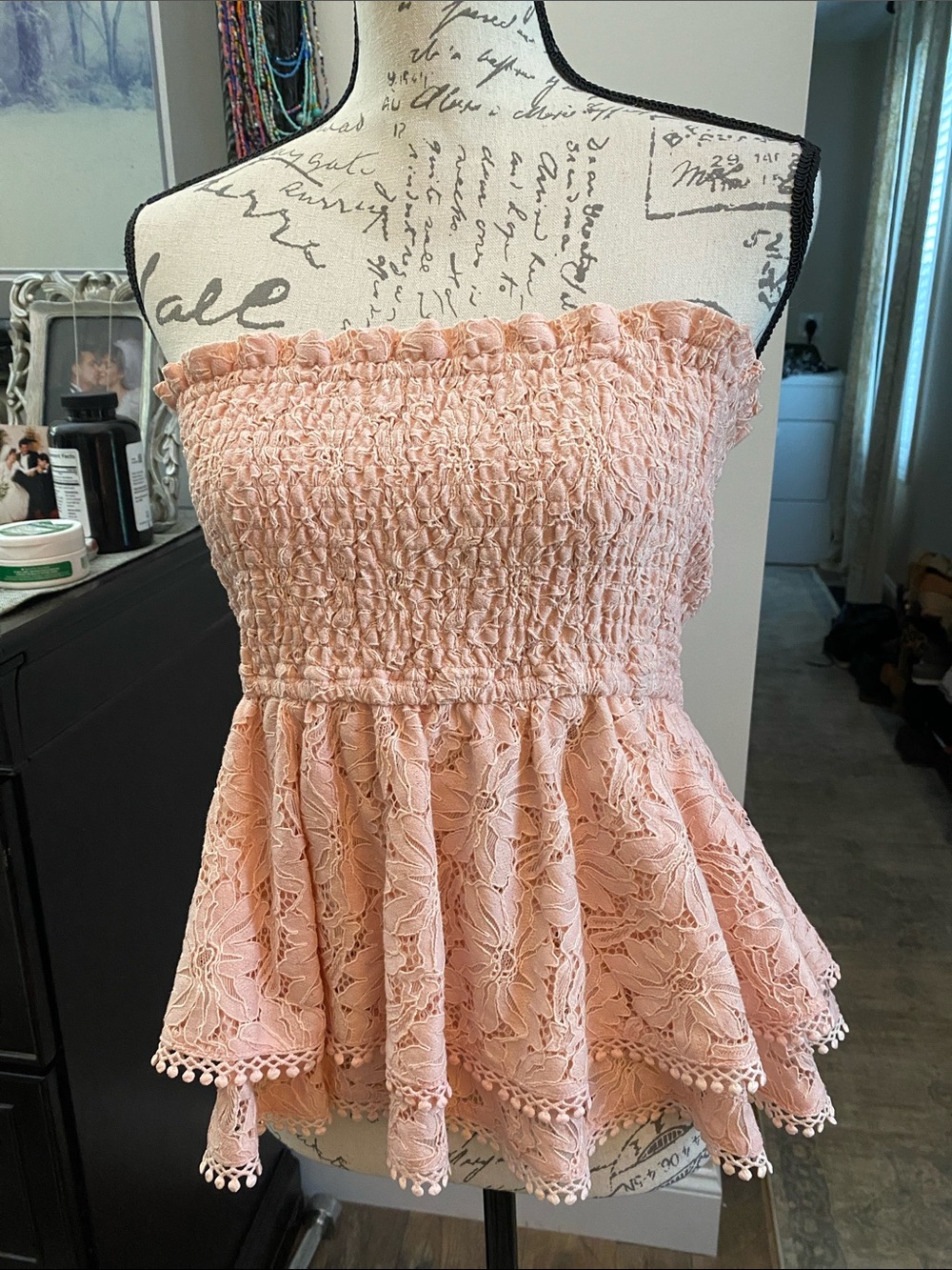 Endless Rose Peach Lace Smocked Strapless Crop Top